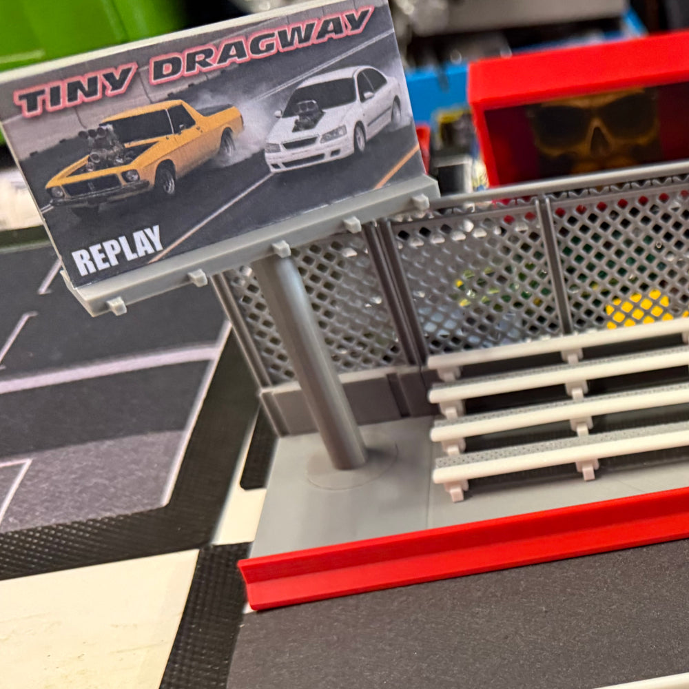Bar Mat Diorama Tiny DRAGWAY— a premium drag strip scene designed for Hot Wheels & 1/64 scale diecast cars.