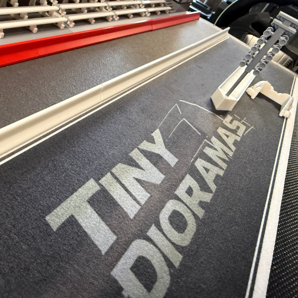 Bar Mat Diorama Tiny DRAGWAY— a premium drag strip scene designed for Hot Wheels & 1/64 scale diecast cars.
