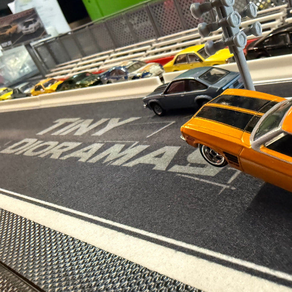 Bar Mat Diorama Tiny DRAGWAY— a premium drag strip scene designed for Hot Wheels & 1/64 scale diecast cars.