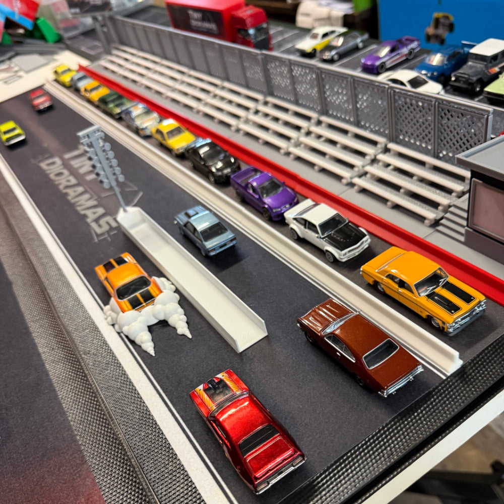 Bar Mat Diorama Tiny DRAGWAY— a premium drag strip scene designed for Hot Wheels & 1/64 scale diecast cars.