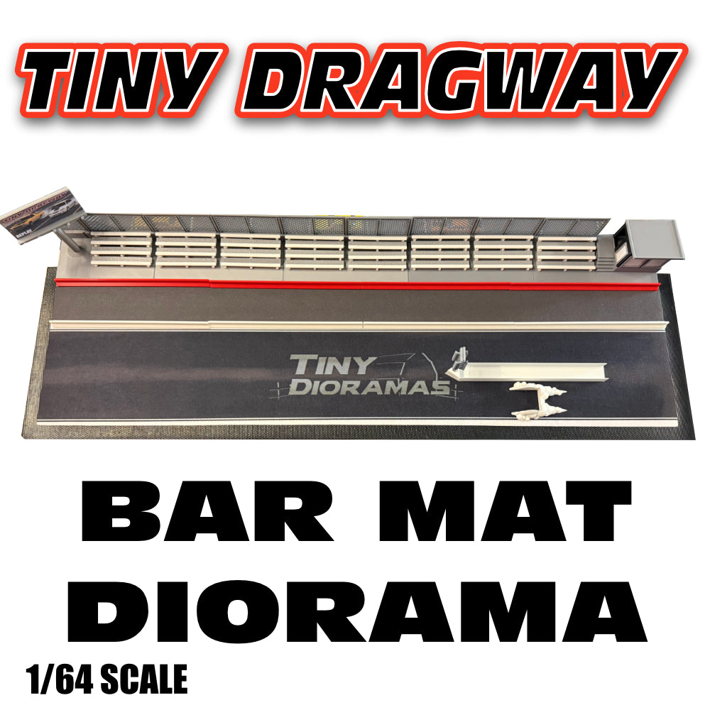Bar Mat Diorama Tiny DRAGWAY— a premium drag strip scene designed for Hot Wheels & 1/64 scale diecast cars.